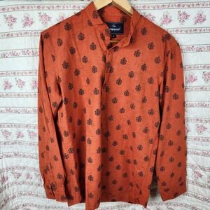 Grammer Mens Orange Black Print Long Sleeve Casual Button Down Shirt L